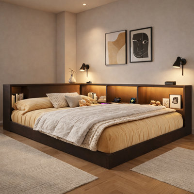 Queen Size Storage Daybed With Led Charging Shelves, Low-Profile Design, Contemporary, Guest Room