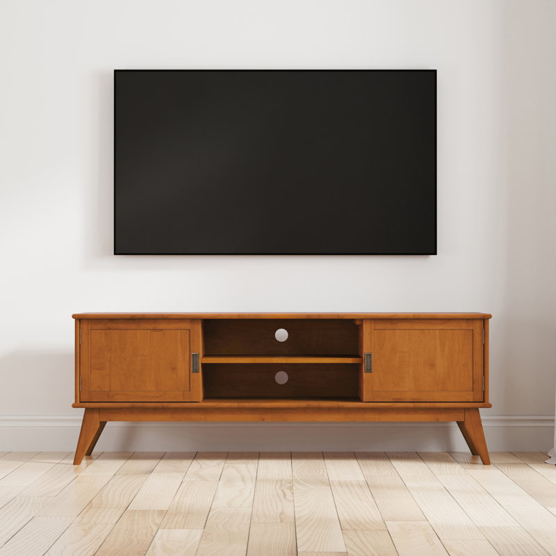 Teak Brown Solid Hardwood Mid Century Modern TV Stand with Cabinets