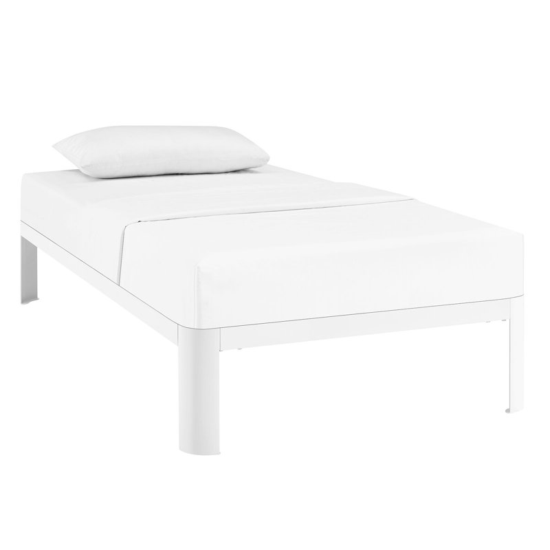 Sleek White Twin Metal Frame Bed with Wood Slats