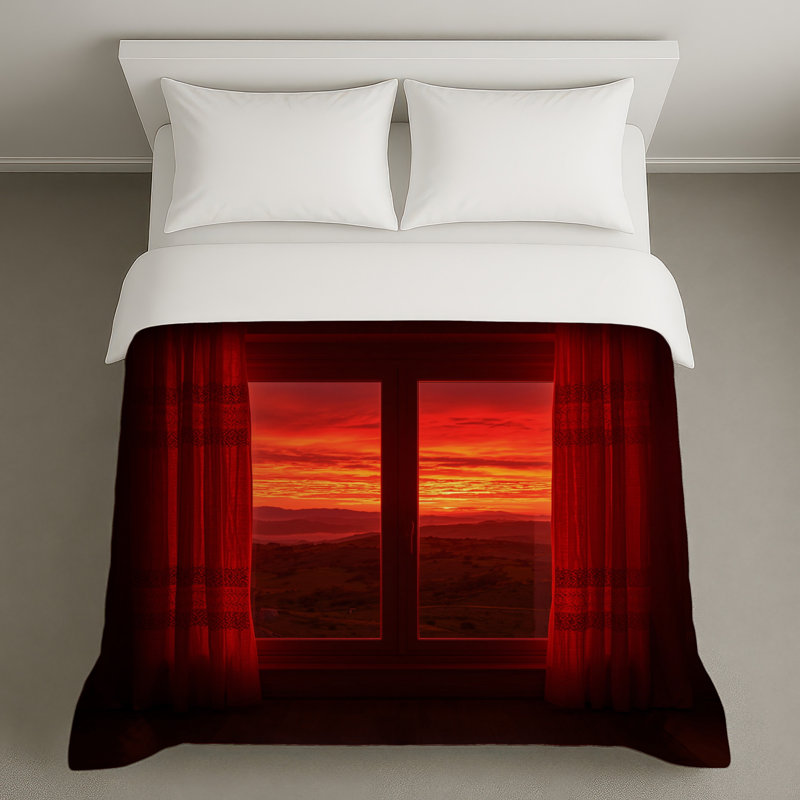 Coucher de soleil rouge à travers les housses de couette de fenêtre, Grand lit