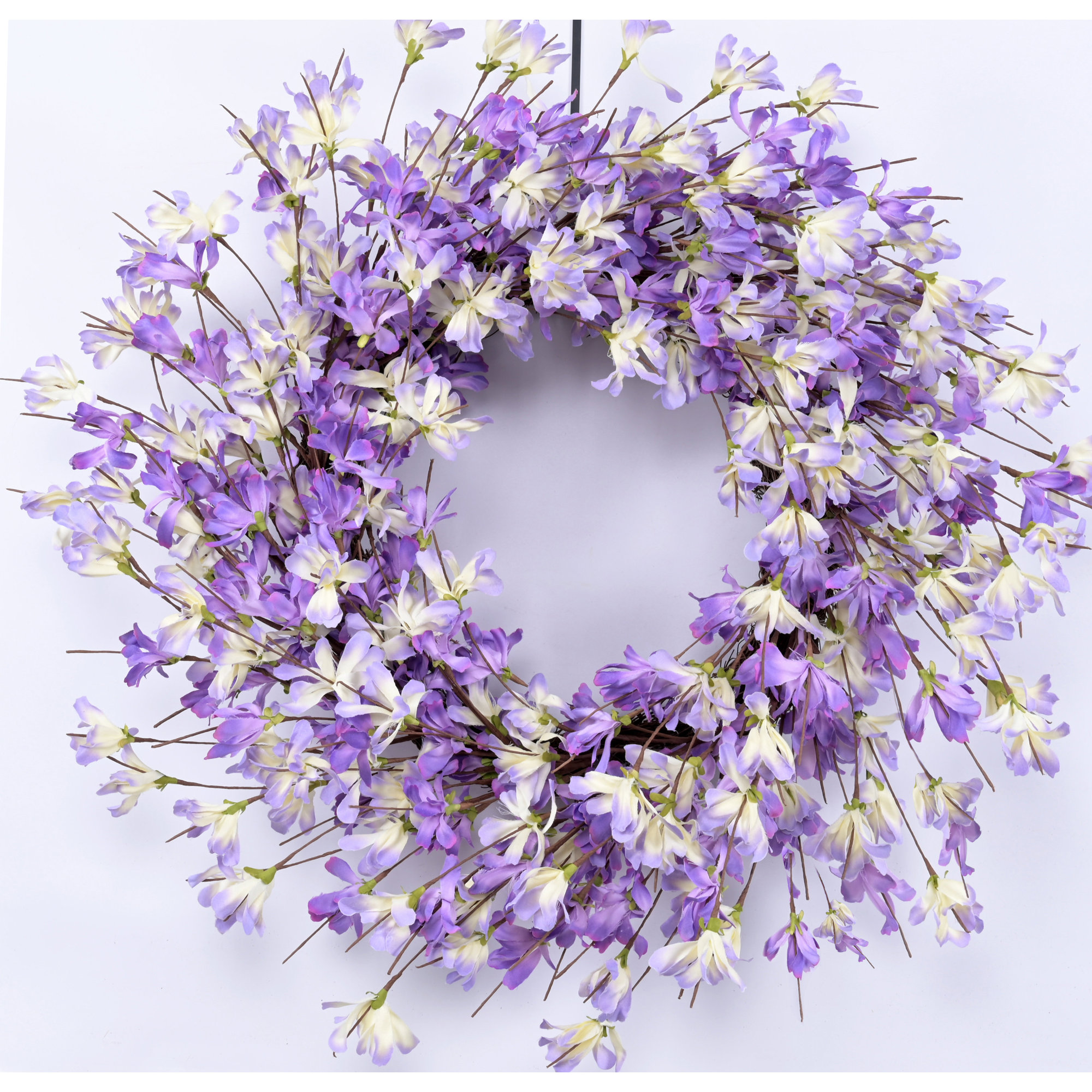 24" Handcrafted Faux Forsythia Silk Wreath for Front Door, Purple