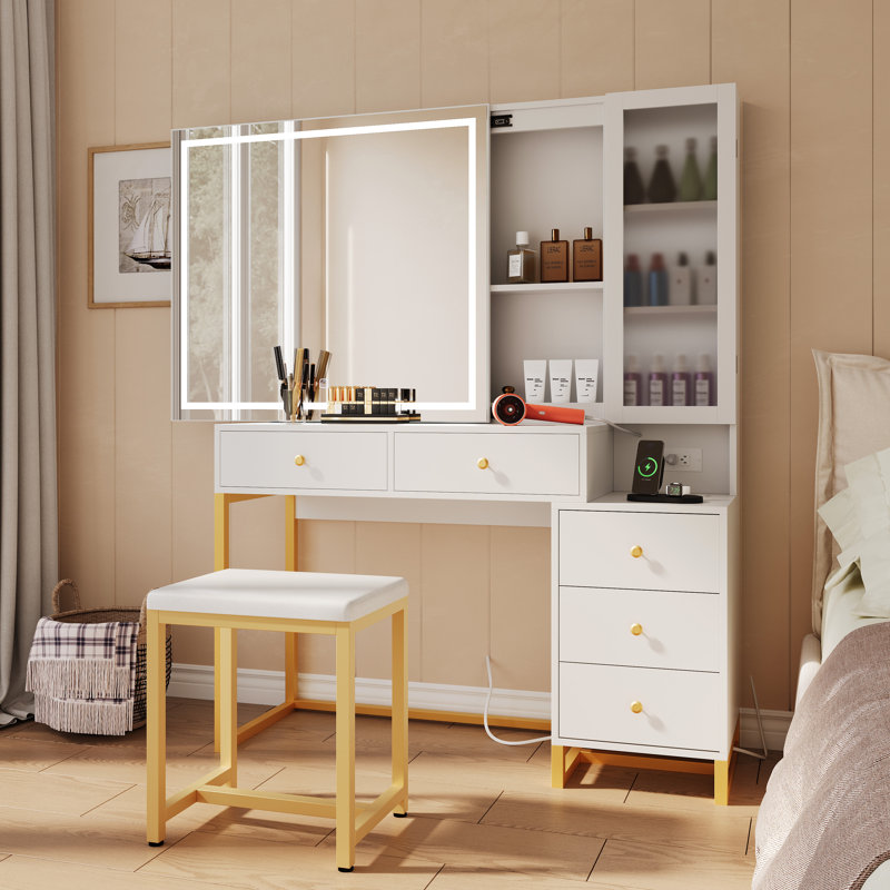 Vanity Desk With Mirror And Led Lights, Makeup Vanity Desk With Sliding Lighted Mirror, Charging Station, White