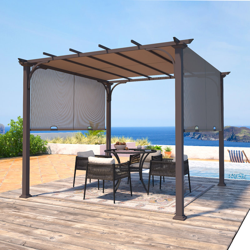 10 pi. L 10 pi. D Pergola en acier avec auvent, Brun