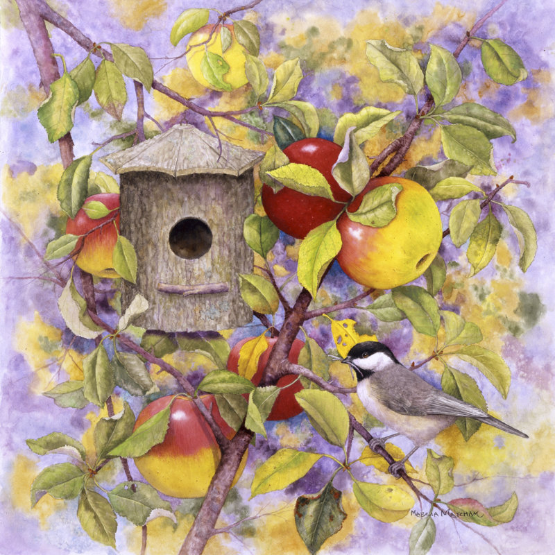 Mésange et pommes, H 36 po x l 36 po x P 1,25 po