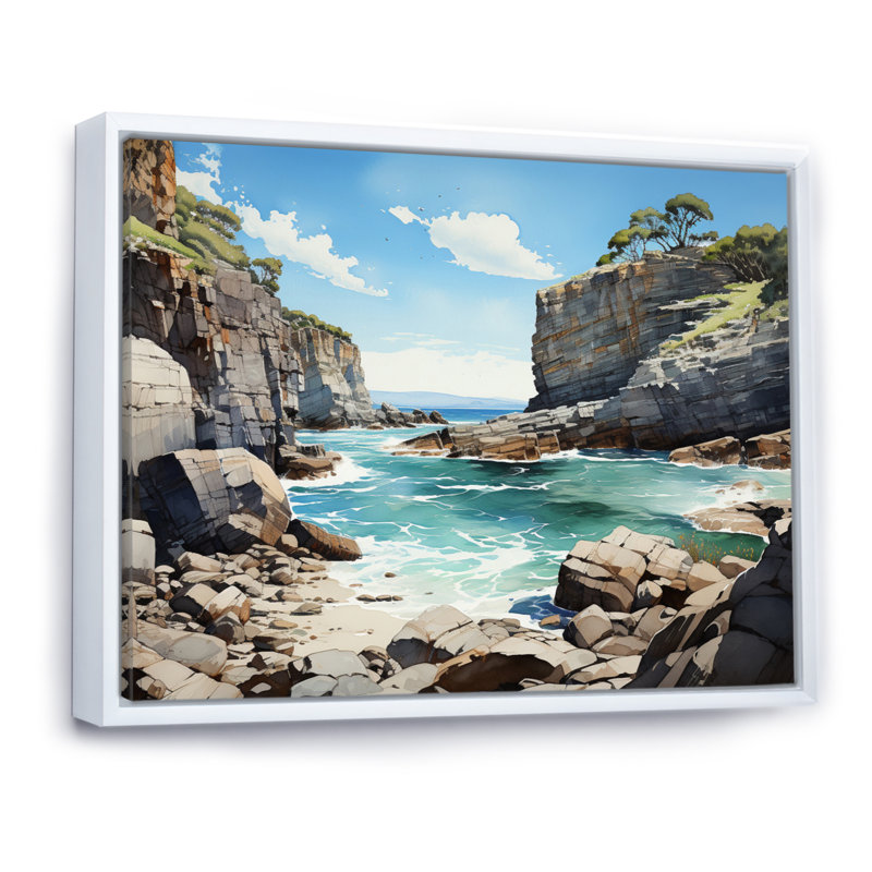 Beti Rocky Beach, majestueuses falaises II sur toile, H 30 po x l 40 po x P 1,5 po, Cadre flottant blanc