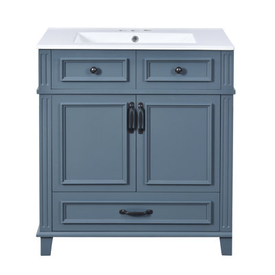 Meuble-lavabo de 30 po avec lavabo en céramique, armoire de rangement en bois massif avec portes à fermeture douce, style rétro, bleu
