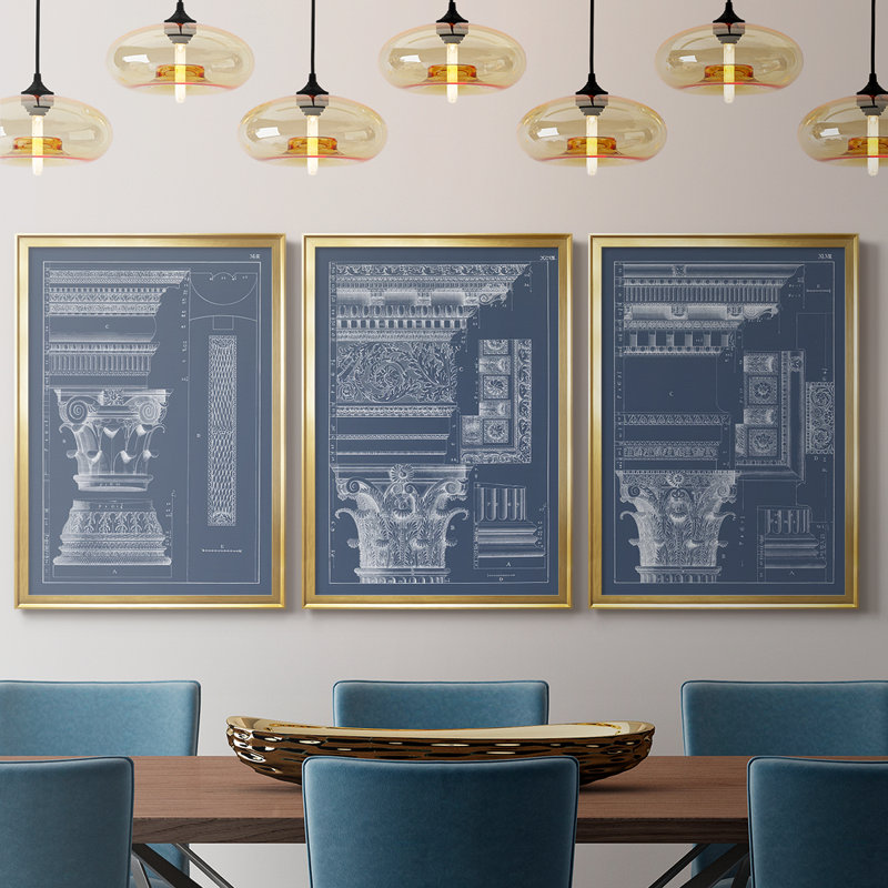 Colonne et corniche I - Toile tendue avec châssis sur mesure - 3 pièces, H 19 po x l 45 po, Gold