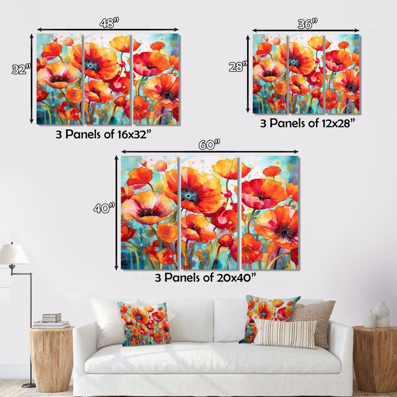 Brilliant Poppies V sur toile, 3 pièces, H 28 po x l 36 po x P 1 po
