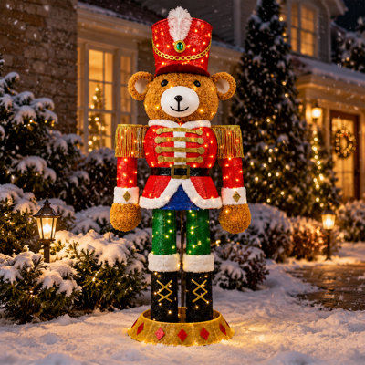 Ours Casse-Noisette lumineux de 1,5 m, décoration de Noël extérieure, ours soldat 3D pliable avec 150 lumières DEL