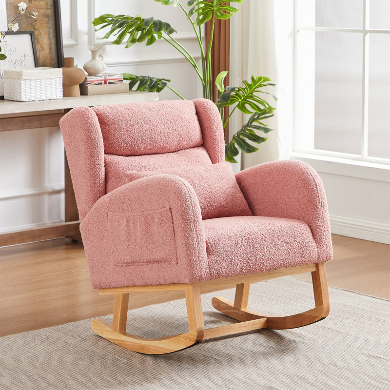 Chaise berçante surdimensionnée en peluche avec dossier haut et poches latérales, Rose