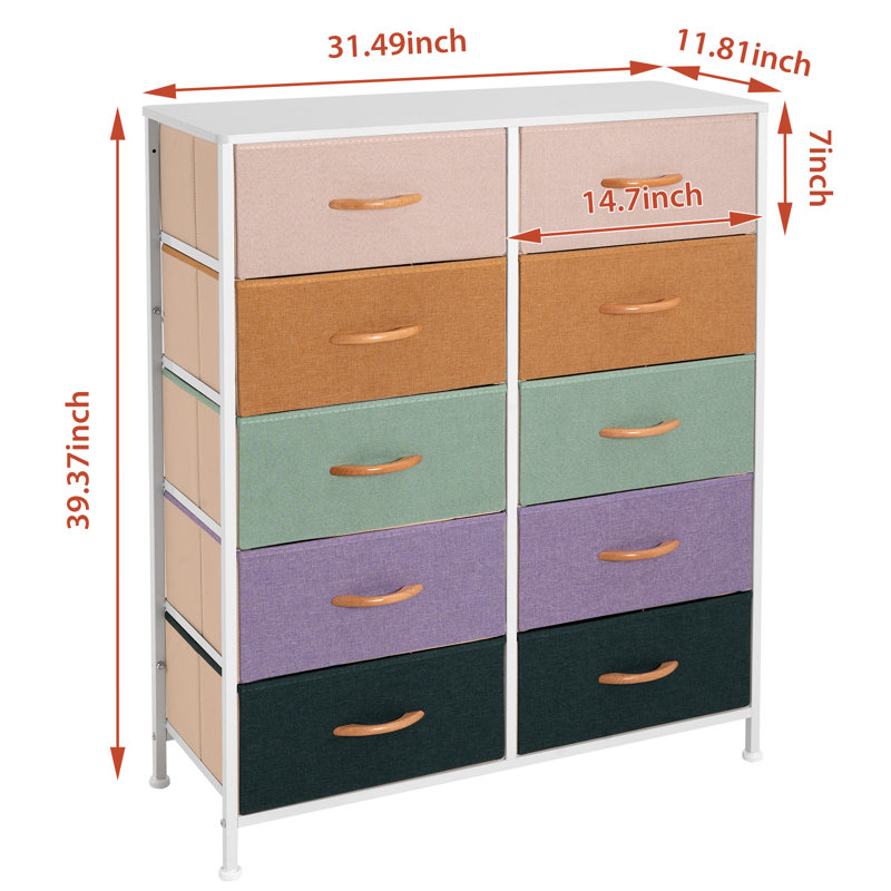 Commode 10 tiroirs Wendelyn, Jaune / vert / mauve / brun