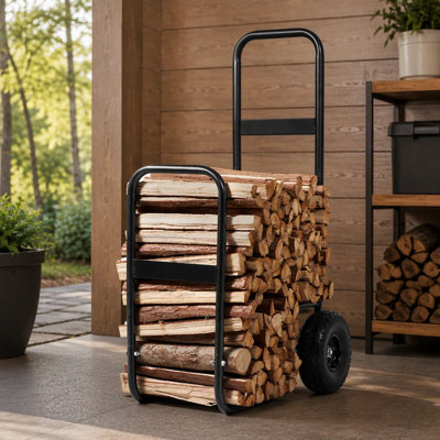Chariot à bois de chauffage en acier noir : capacité de 113 kg, roues en polyuréthane, housse imperméable, rangement et transport du bois pour foyer intérieur/extérieur