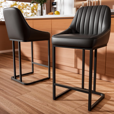 Bar Stools Set of 2, 24 Inch Barstools with Metal Legs, Black Leather Farmhouse Upholstered Counter Height Bar Stool for Kitchen, Dining, Bar