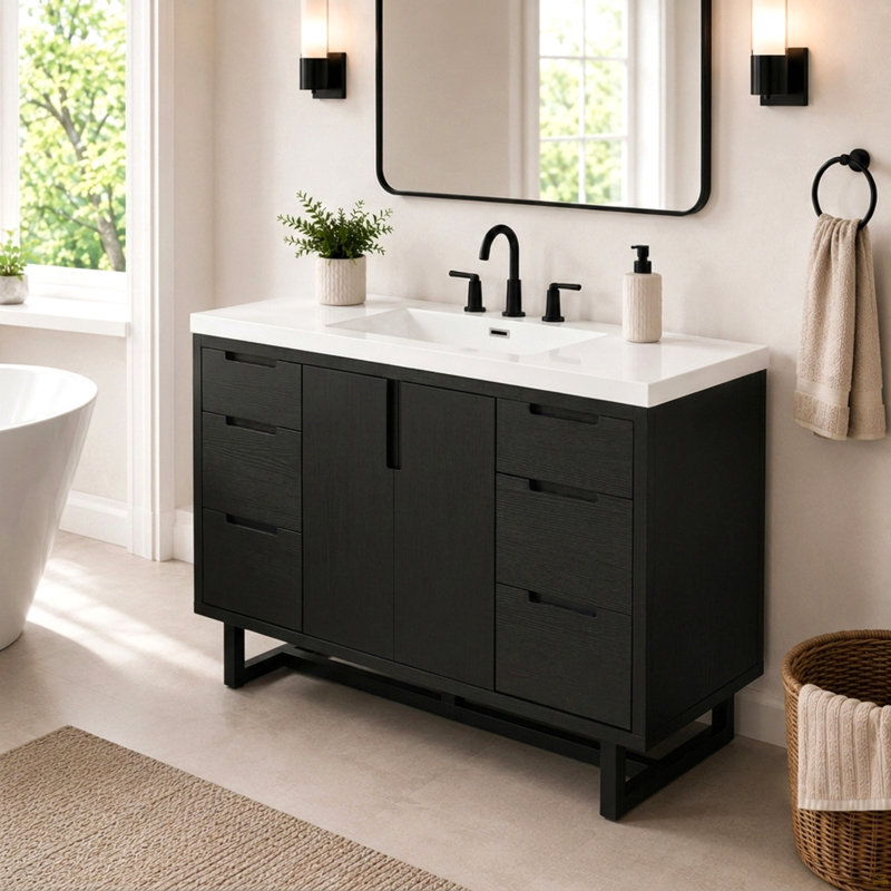 Meuble-lavabo moderne de 47,2 po avec 2 portes d'armoire, 6 tiroirs, glissières dissimulées à fermeture en douceur, plateau en résine SMC, conception peu encombrante