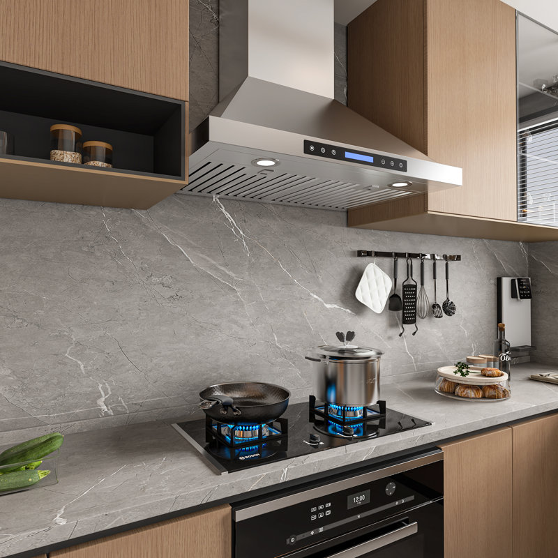 30 inch 900 CFM Convertible Wall Mount Range Hood 4 Speed Quiet Stainless Steel Remote and Touch Panel Control with LED Lights