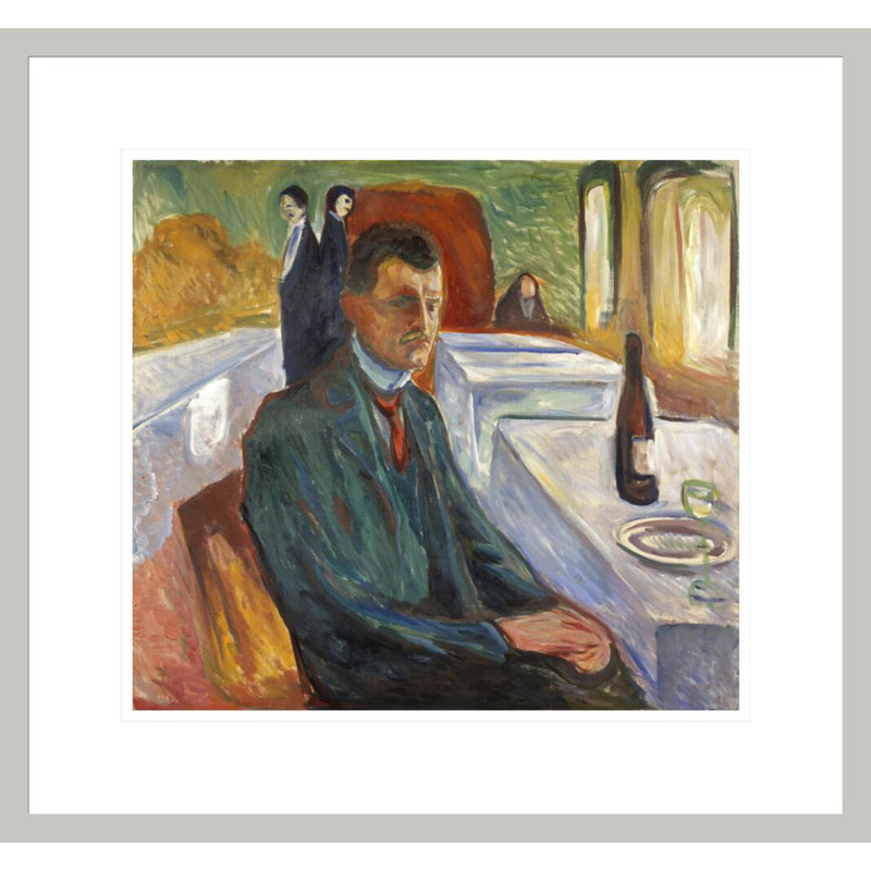 Autoportrait avec une bouteille de vin par Edvard Munch - Impression Giclée encadrée, 17.75" H x 18.96" W