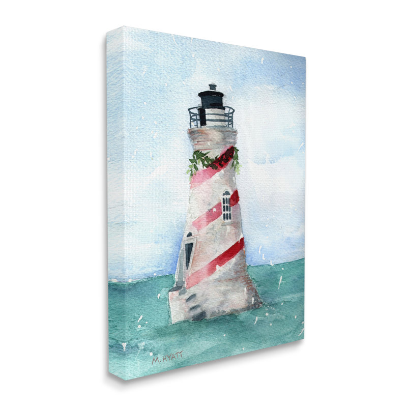 « Nautical Holiday Lighthouse »-rayures de Noël-impression d’art graphique, Giclée encadrée noir minuit