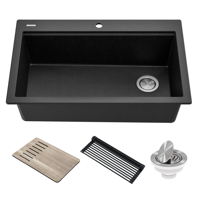 KRAUS Bellucci Workstation 33 in. Drop In Single Bowl Granite Kitchen Sink with Accessories, Metallic Black