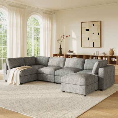 129" Modular Sectional Sofa, 6 Seat Cloud Sofa Bed With High Density Foam, U-Shaped Chenille Couch Set With Ottoman, Free Combination, Convertible Sleeper Sofa For Living Room, Apartment