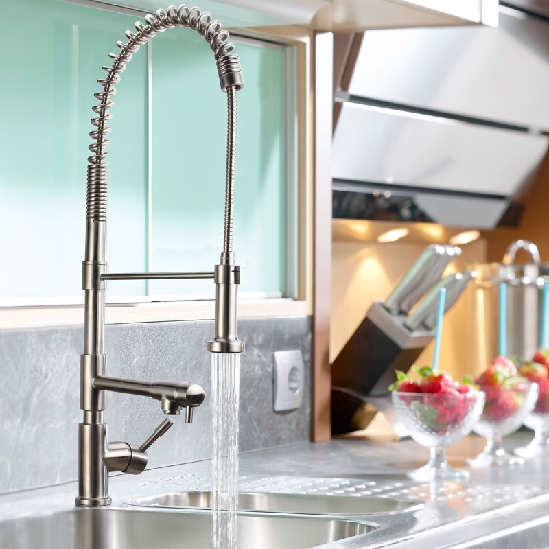 Whitehaus Stainless Steel Double Lever Commercial Faucet with Pull-out Spray Head, Brushed