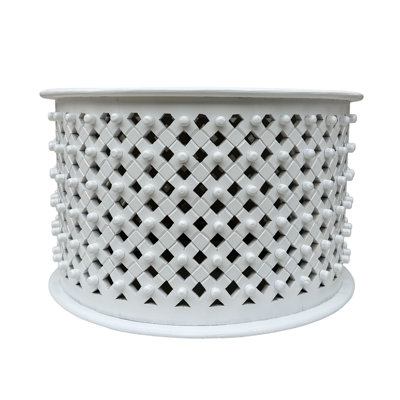 Elegant White 30" Round x 18" High Coffee Table with Hand-Carved Lattice Design