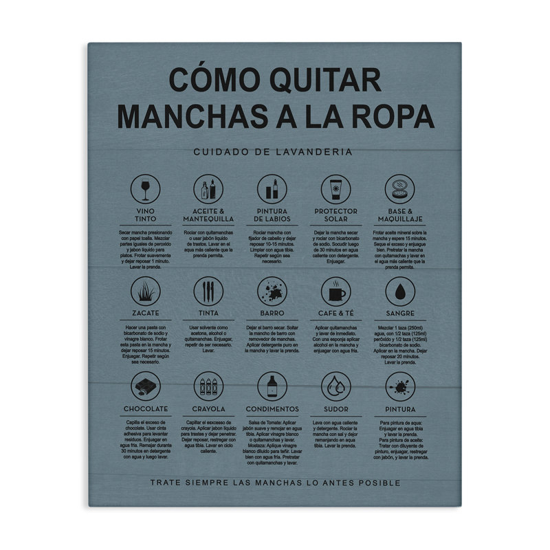 Art mural Guia de Limpieza de Manchas, Azul par lettré et doublé, H 20 po x l 16 po