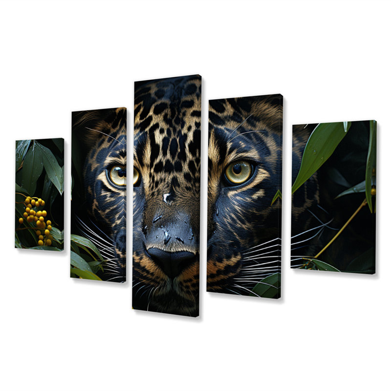 Leopard Silent Stalk III - animaux, art mural sur toile - 5 panneaux