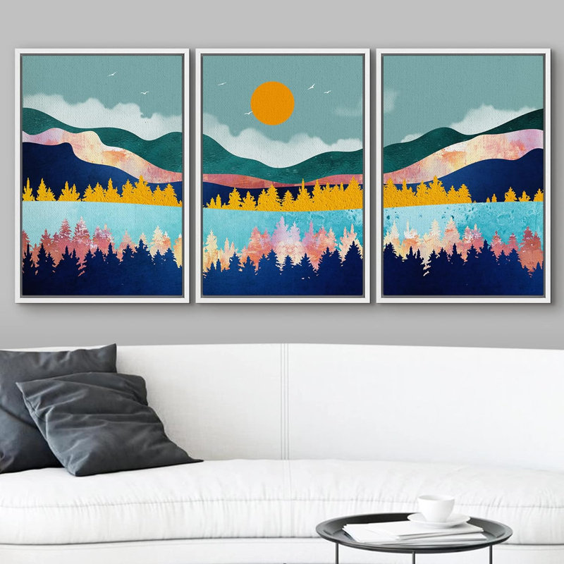 Abstract Mountain " Orange Sun Over Granite Mountains & River Nature Wilderness Modern Art Rustic Scenic Colourful " 3 - Pieces