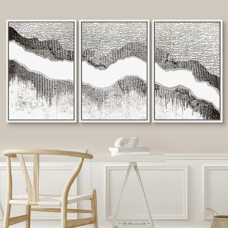 «Geometric Line Paint Stroke Collage Abstract Shapes Illustration», ensemble de 3 peintures sur cadre flottant, Blanc