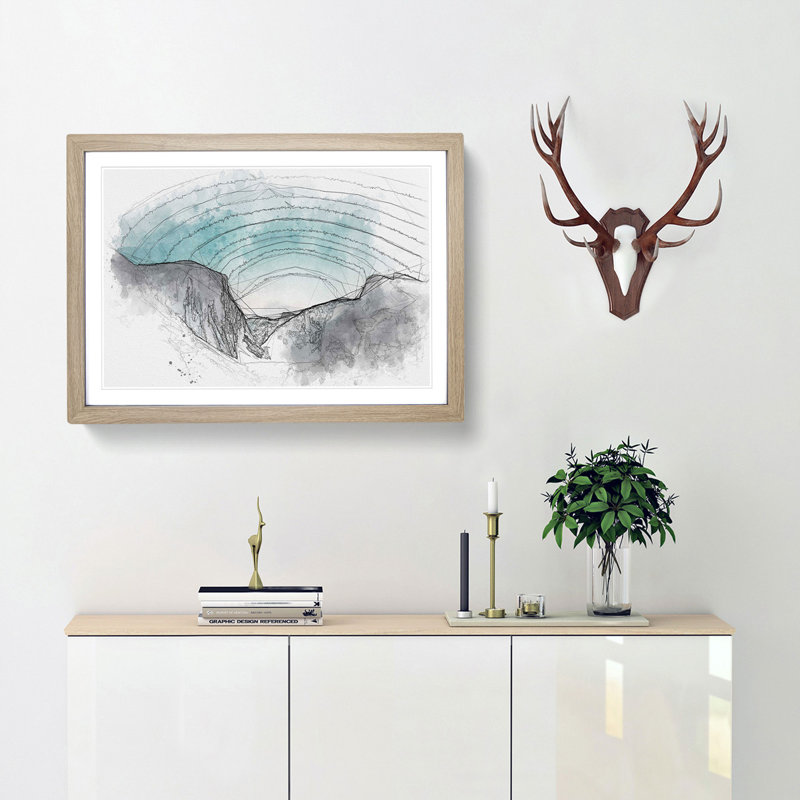 Yosemite Valley at Dusk Sketch - Picture Frame Graphic Art Print, 45cm H x 63cm W x 2cm D, Oak Framed