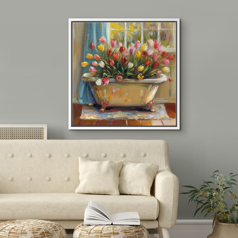 «Colorful Tulip Flowers In The Bathaign» - reproduction d'art sur toile encadrée, Cadre flottant blanc