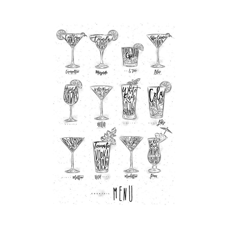 «Cocktail menu» par Pixy, peinture sur toile tendue, H 12 po x l 8 po x P 0,75 po