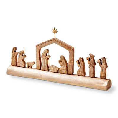 Crèche de Noël sur bûche de Noël en bois sculpté brun