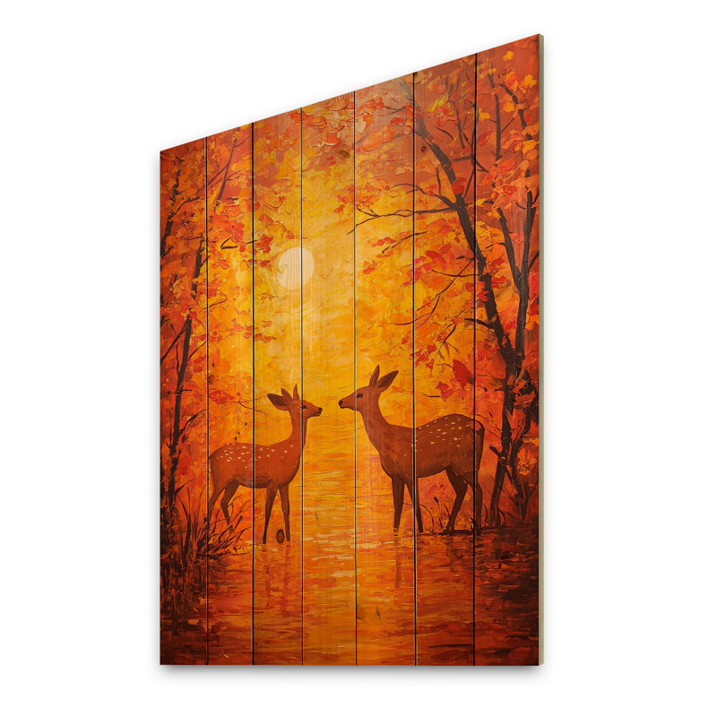 Deer Kisses At Sunset I - Art mural moderne en bois sur bois de pin naturel, H 32 po x l 24 po