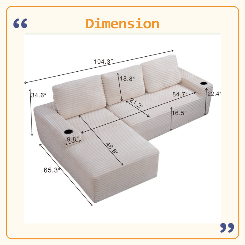 Canapé modulaire 104 po Cloud, Face à la gauche, Velours côtelé blanc crème 