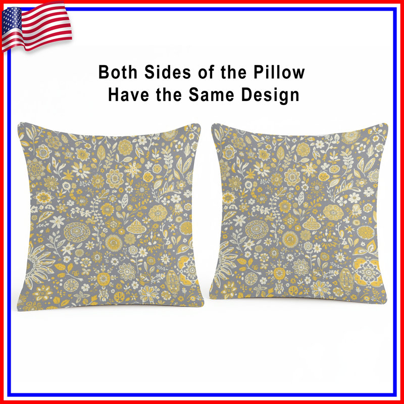 Coussins décoratifs gris et jaune à motif floral, 26 x 26 pouces