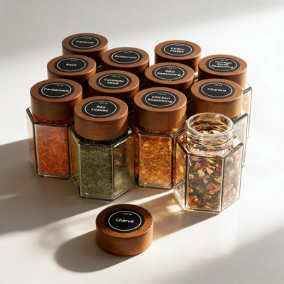 Magnetic Glass Spice Tins Set Of 12 With 180 Seasoning Labels - 2.5 Inch Rust-Proof Containers With Transparent Lid And Strong Magnet Back