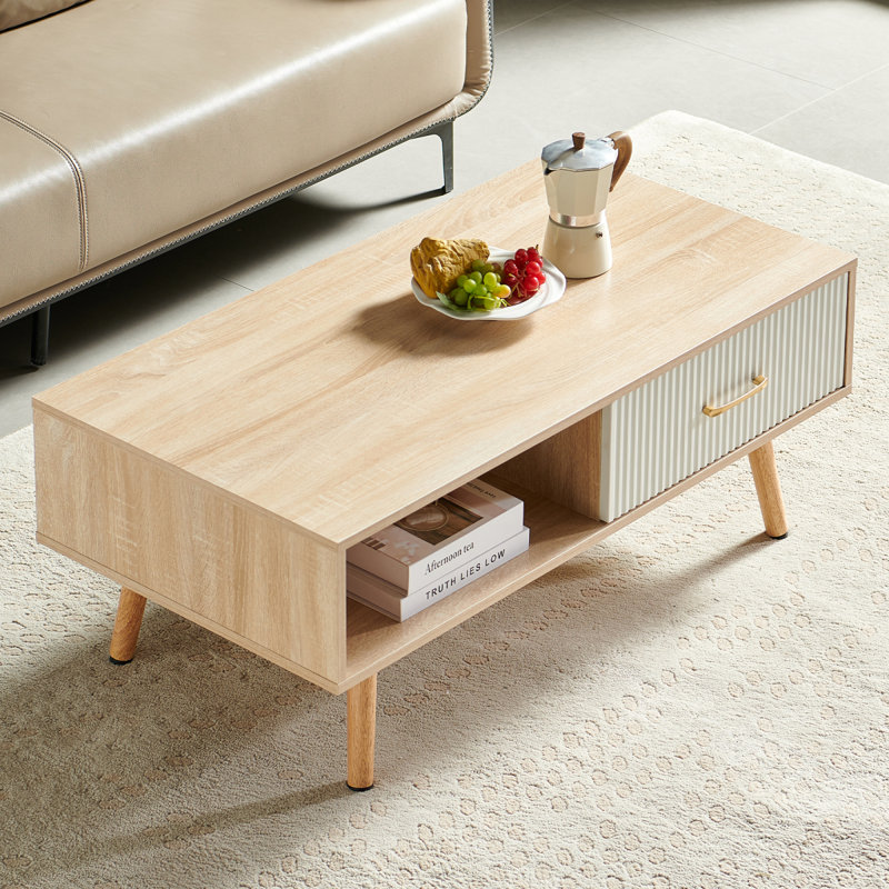 Table basse rectangulaire avec pieds en bois massif, tiroir coulissant pour le rangement, table moderne pour le salon, couleur bois naturel