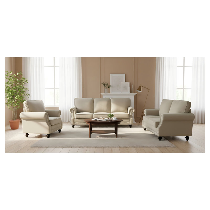 Fauteuil d'appoint classique en velours beige avec garniture cloutée et pieds tournés en bois massif, Velours beige