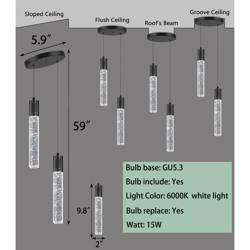 Luminaire suspendu en cristal 2 lumières DEL, Noir mat