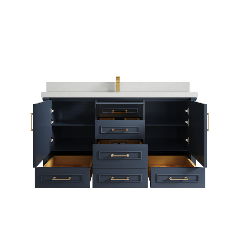 Aberdeen 60'' Single Bathroom Vanity with Quartz Top, Carrara Quartz, Hale Navy Blue