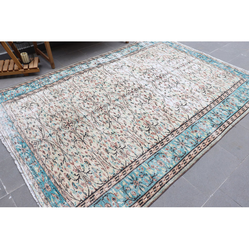 Tapis turc rétro tissé à la main - grand tapis en laine beige avec motif antique