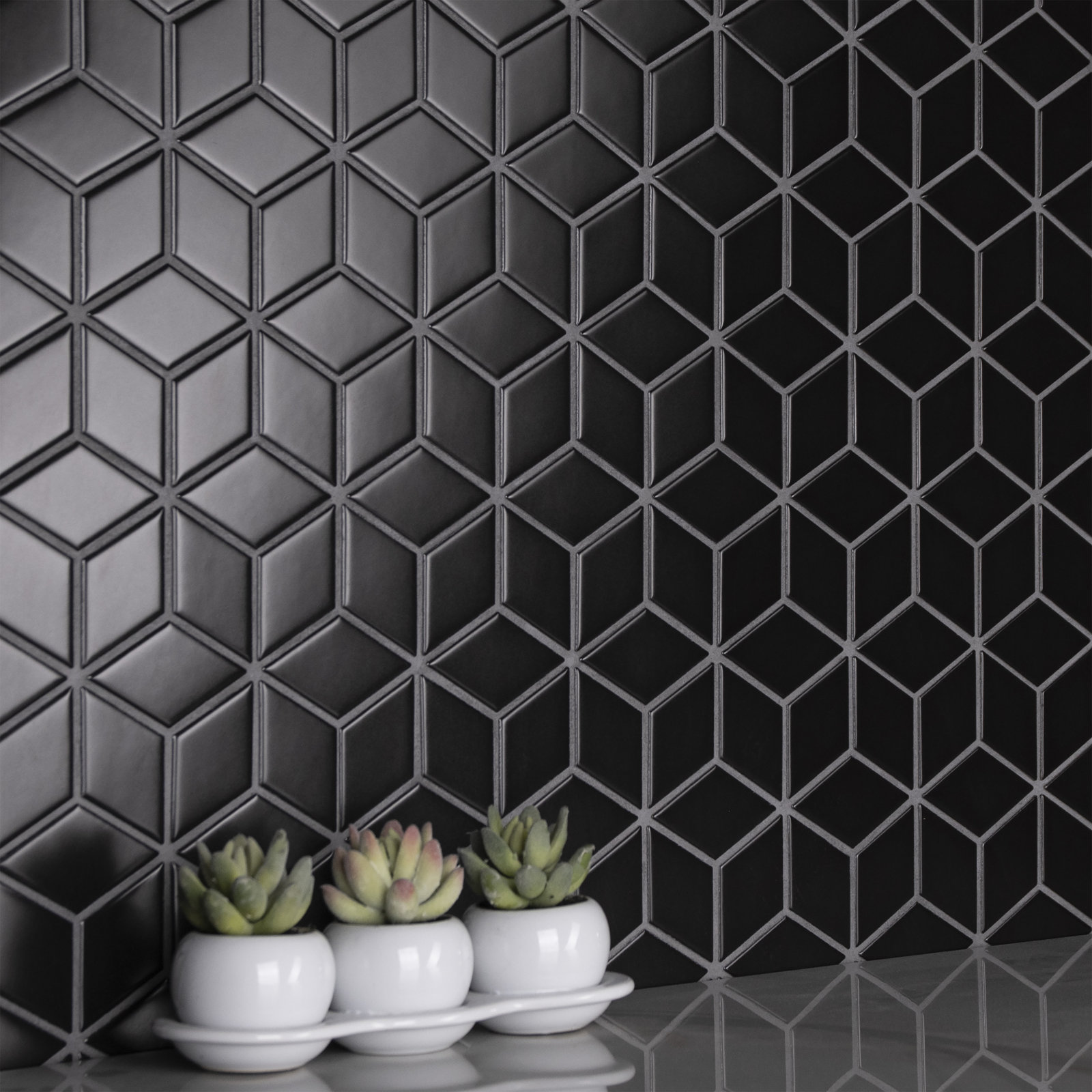 Metro Rhombus Porcelain Mosaic Wall and Floor Tile, Matte Black
