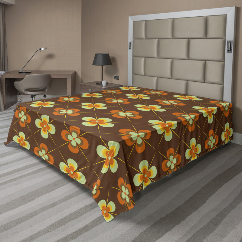 Ambesonne Flowers Flat Sheet Nostalgia Farmhouse, Green Vermilion Brown