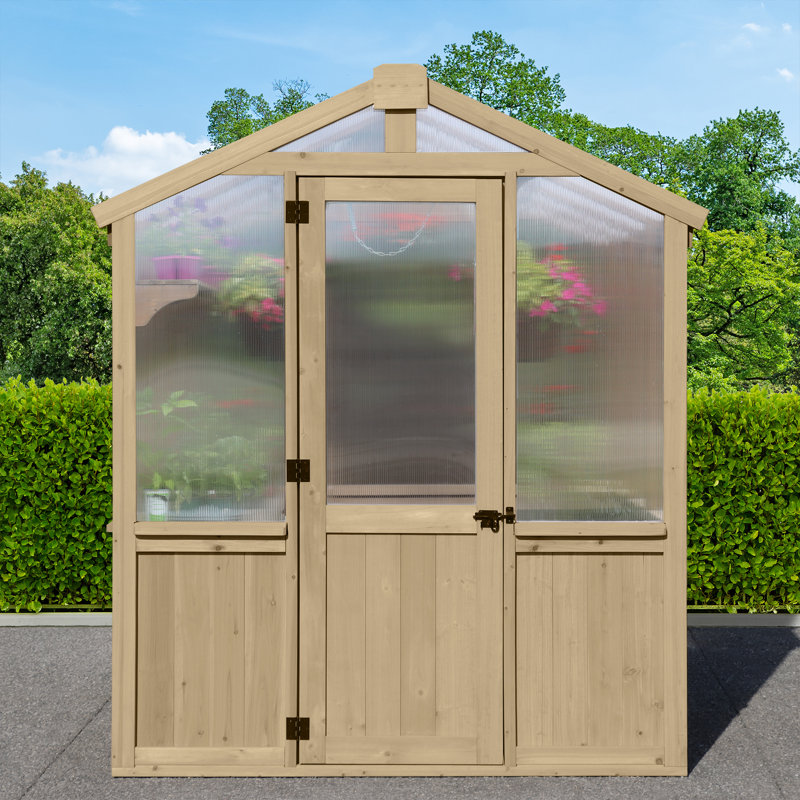 Serre avec cadre en bois de cèdre et panneaux en polycarbonate de 6,7 pi x 6,0 pi Meridian - Conception compacte et durable