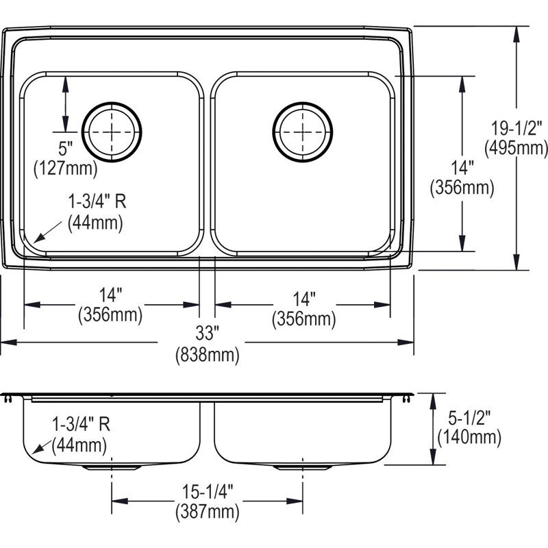 Évier de cuisine à double cuve à montage sur plan L 33 po x l 19,5 po Lustertone, 4 trous, 5,5 po