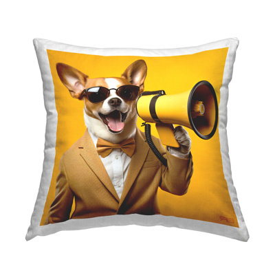 Dog with Yellow Megaphone Decorative Printed Throw Pillow Design by Roozbeh Bahramali