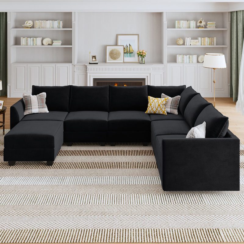 Tremee Velvet Modular U-Shaped Corner Sectional, Black Velvet