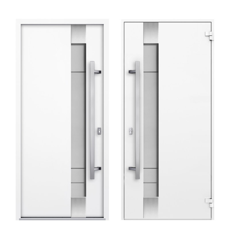 Porte avant en acier pré-suspendue à l'avant / deux en émail blanc 1713/2 fenêtres extérieures latérales noires / inserts en acier inoxydable simples peints modernes - l 12 + 36 + 12 po x H 80 po - Gauche à l'intérieur