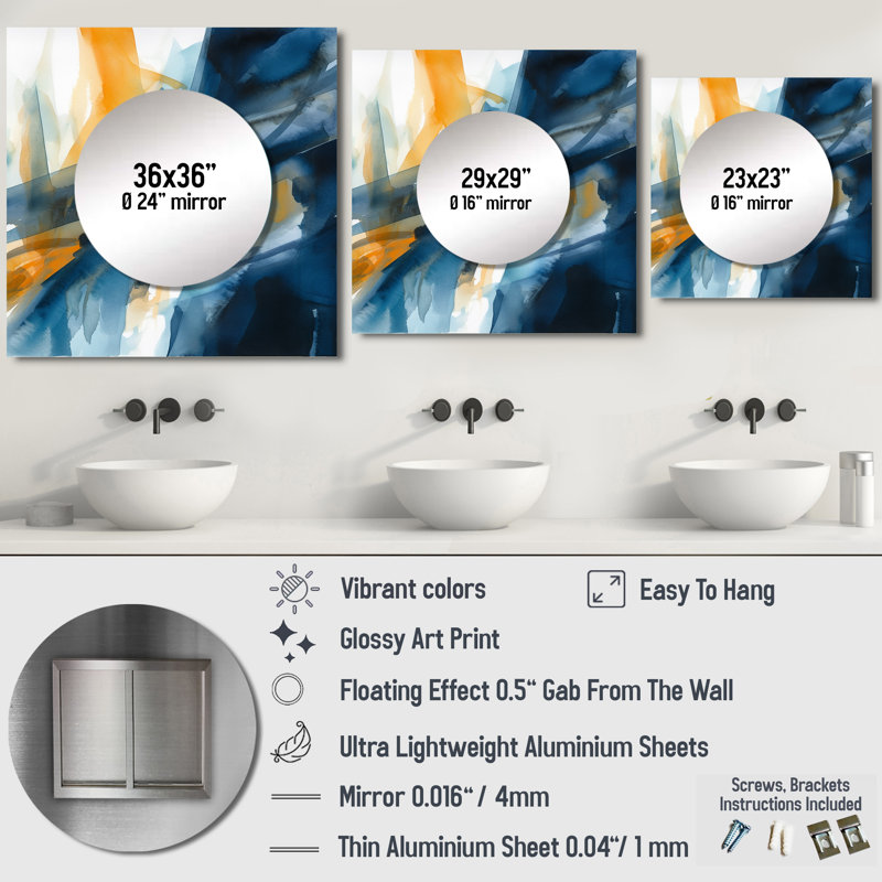 Grand miroir mural carré Hohenwald - Fractales Fusion VII bleu et or pour chambre à coucher, 29 po x 29 po